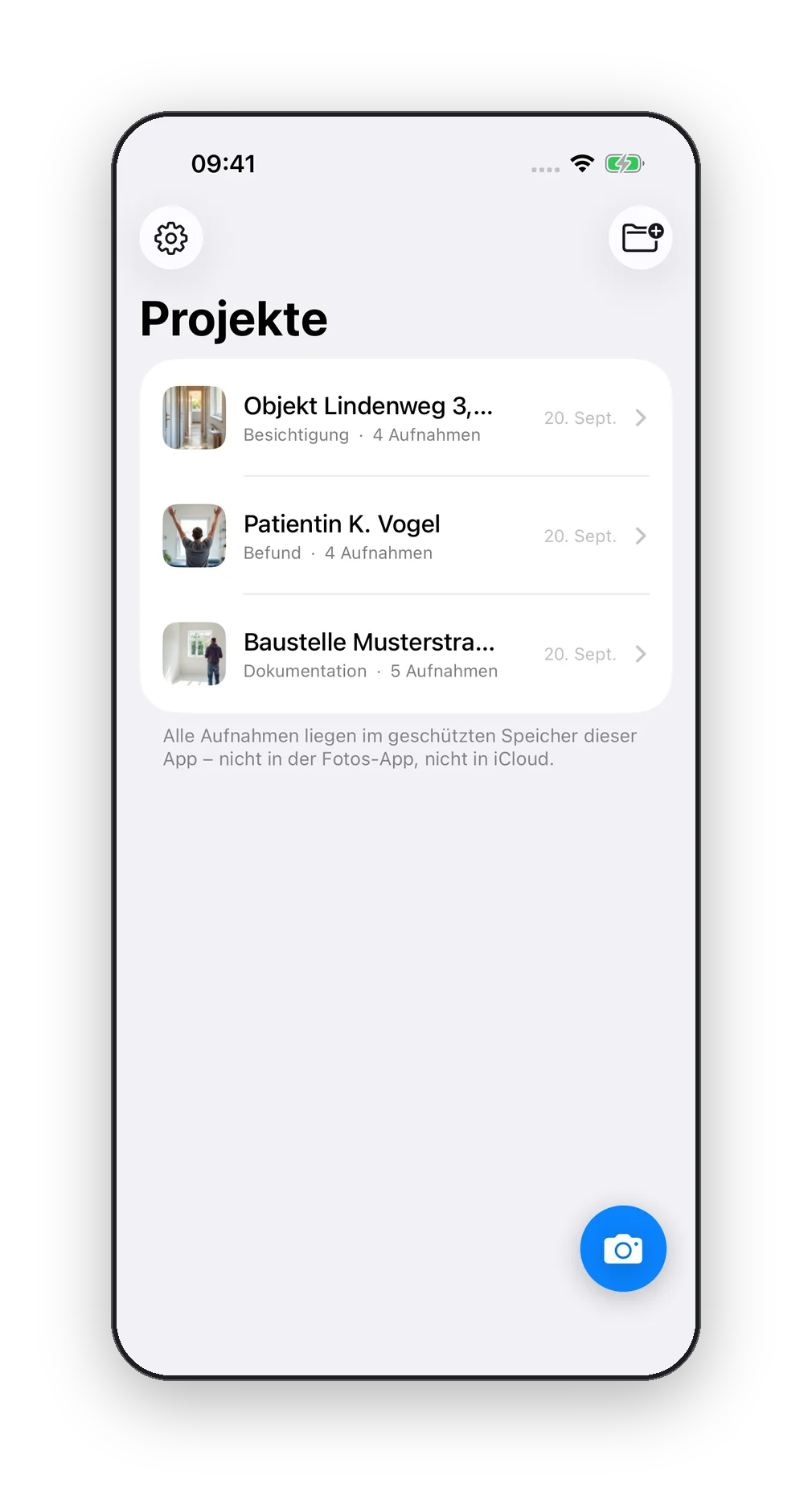 Dienstmappe auf dem iPhone: die Projektliste mit drei Mappen